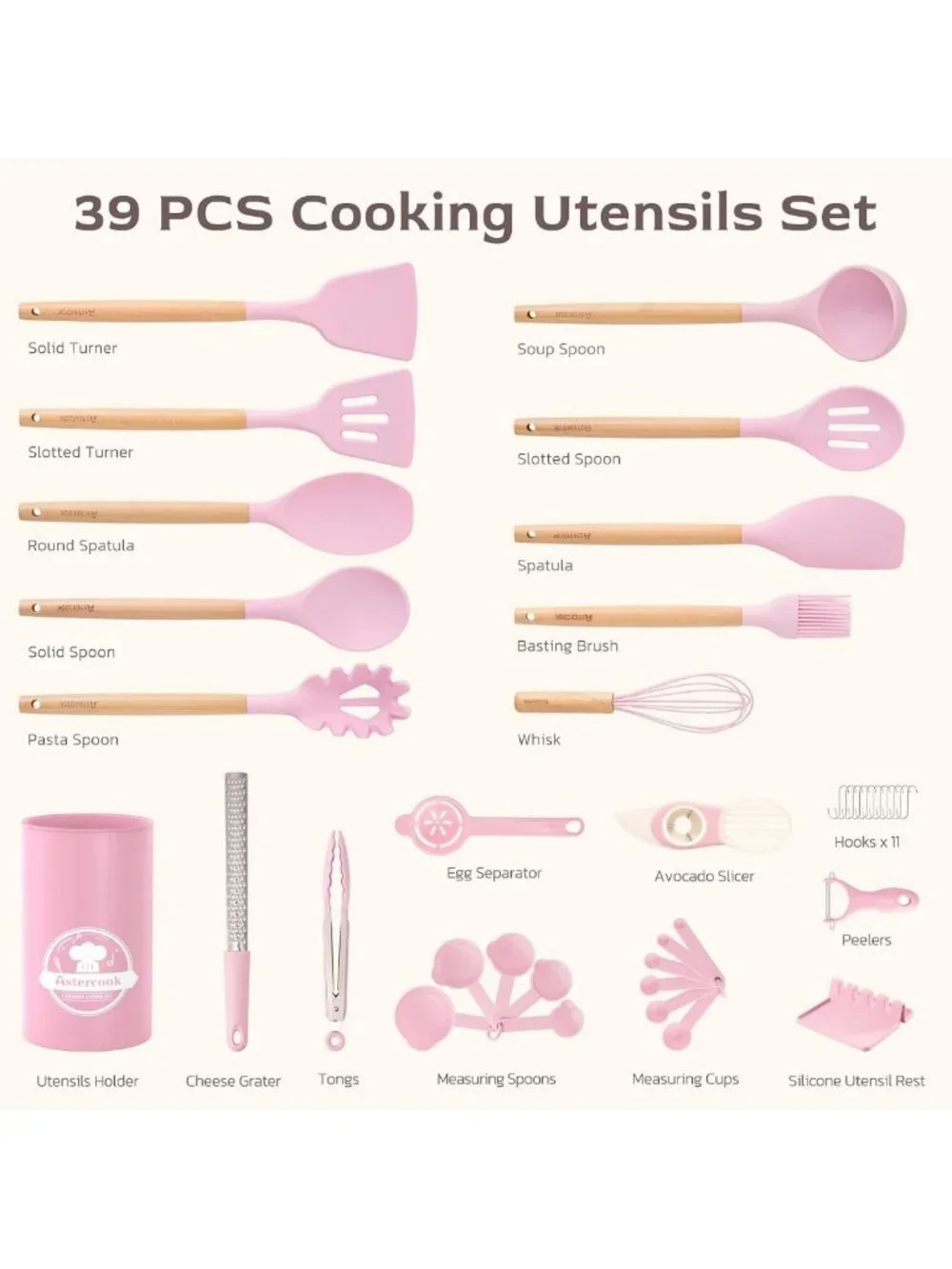39 PCS Silicone Cooking Utensils Set with Wooden Handles, Heat Resistant & BPA